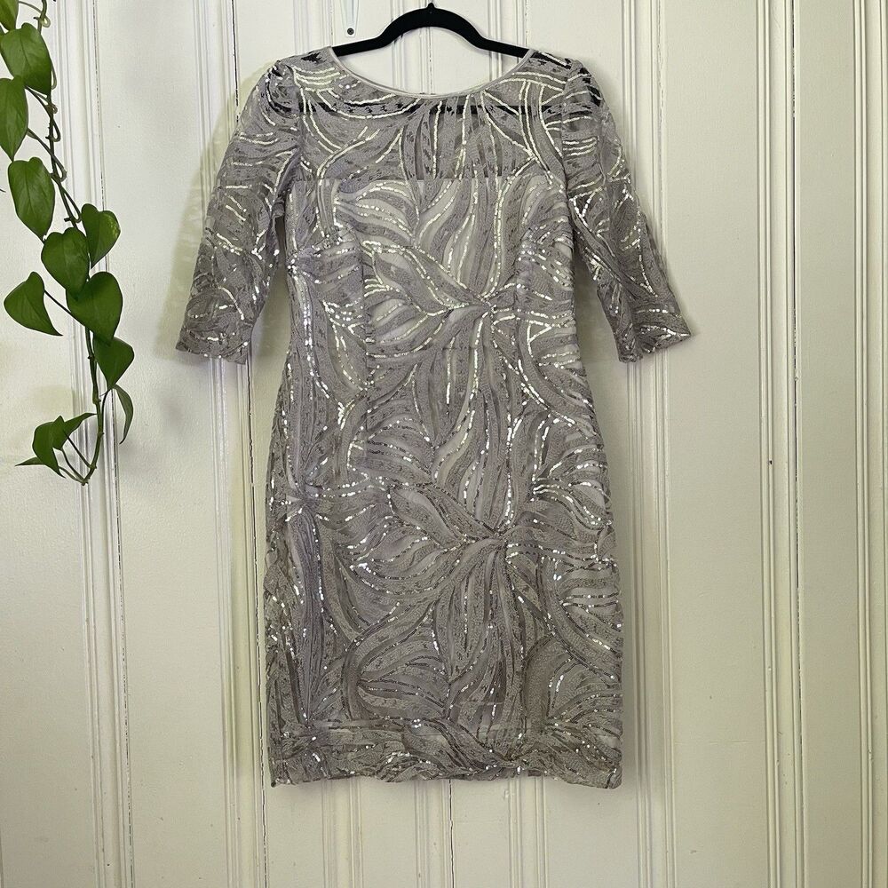 Tahari ASL Women Silver Sequin Mesh Lined Formal 3/4 Sleeve Sheath Dress Size 6
